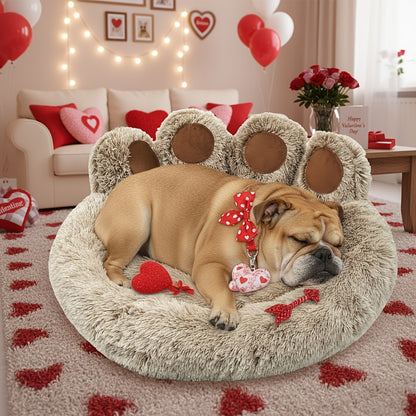 Dog Bed Cat Bed Bear Paw Shaped Donut – Calming Round Plush Pet Mattress, Warm & Soft Cuddler Bed for Dogs and Cats, Includes Pet Scarf