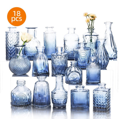 Bud Vases Set of 18 Blue Vintage Glass Small Flower Vases for Centerpieces – Rustic Farmhouse Table Decor for Home, Wedding