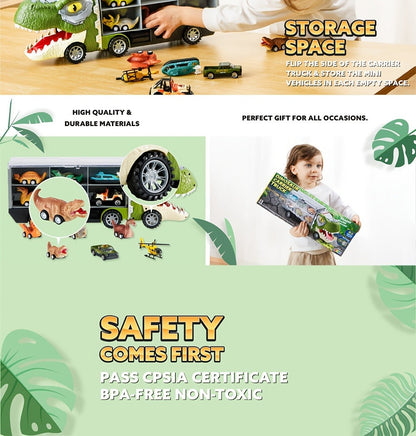 Dinosaur Truck Toy Set 13 PCS, Transport Carrier Truck with Lights & Sounds + 8 Pull-Back Cars + 3 Die-Cast Dino Vehicles + Helicopter