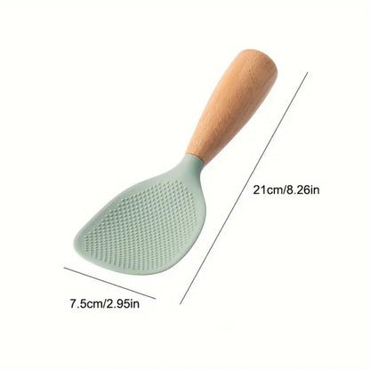 Silicone Rice Spatula Serving Spoon 2 Pack Wooden Handle Heat Resistant Durable Standing for Home Cooking, Dining and Outdoor Meals