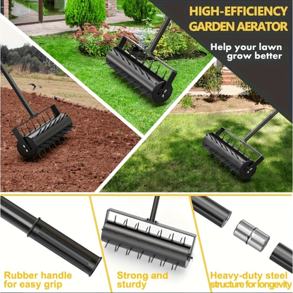 Lawn Punch Aerator 17" Heavy-Duty Metal Roller with Bearing Design, 60" Long Handle for Effortless Weeding & Aeration