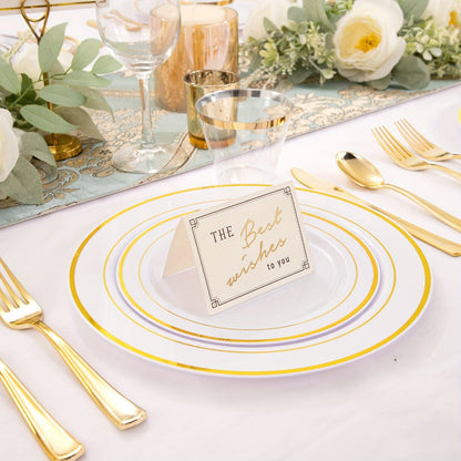 Gold Plastic Plates Disposable Dinnerware Set 350pcs, 50 Dinner Plates, 50 Dessert Plates, 50 Gold Rim 9oz Cups & 50 Gold Cutlery Sets