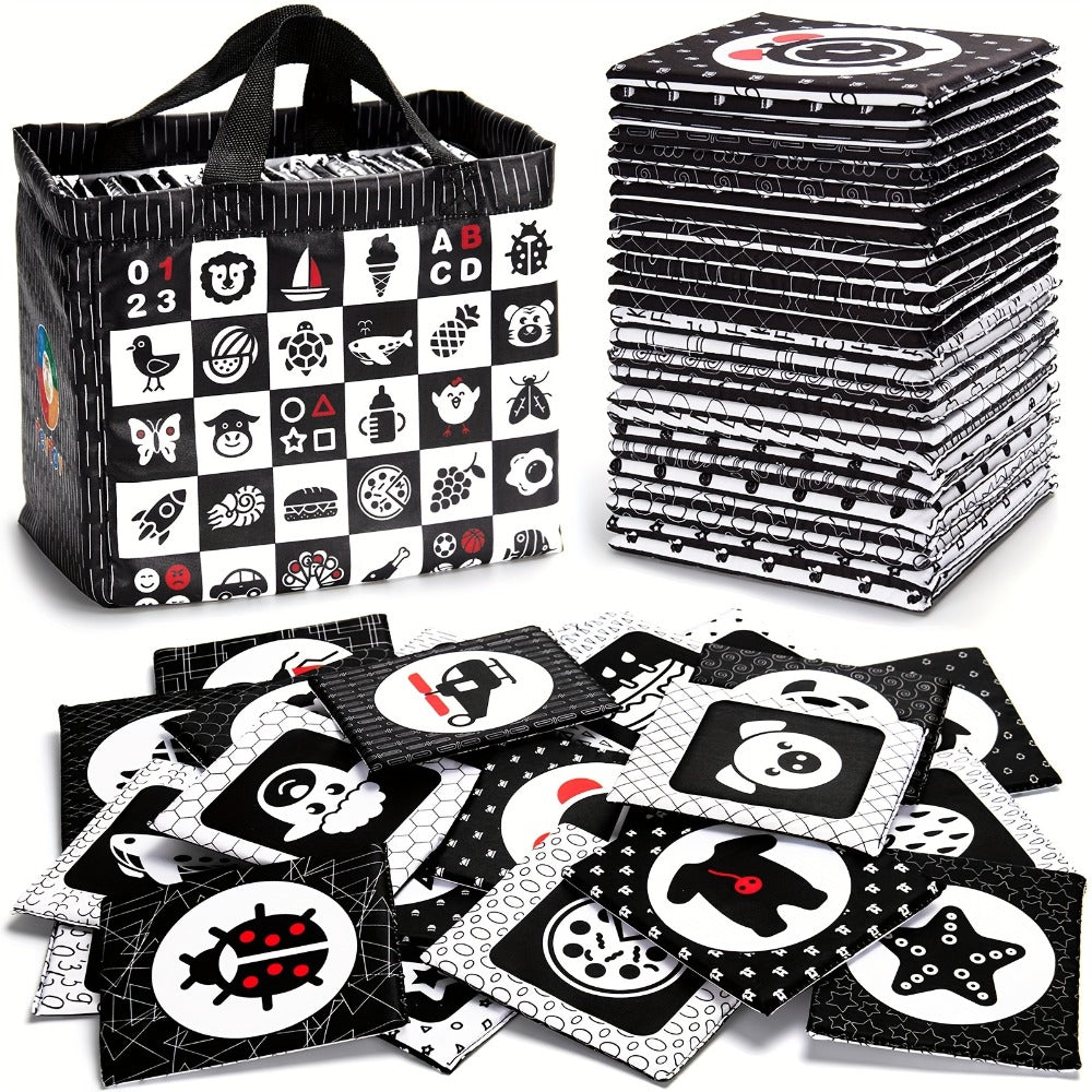 High Contrast Baby Flashcards 64 Cards Black White Red, Newborn Visual Stimulation Brain Development Montessori Learning Toy