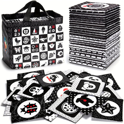 High Contrast Baby Flashcards 64 Cards Black White Red, Newborn Visual Stimulation Brain Development Montessori Learning Toy