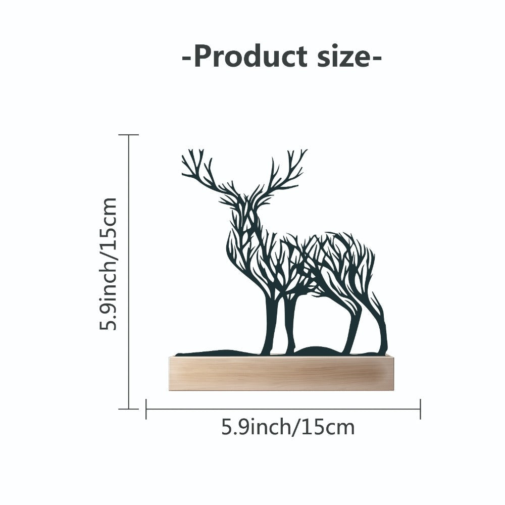 Deer Branch Silhouette Tabletop Decor with Black Iron-Metal Figures, Wood-Look Base and 5.9 x 5.9-Inch Size