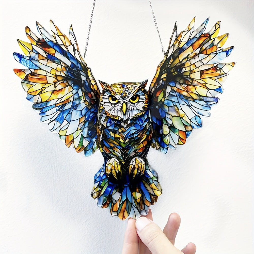 Owl Hanging Ornament Colorful Acrylic 6.7"x8", 2D Flat Animal Wall Art Decoration for Christmas Tree, Home, Office & Outdoor