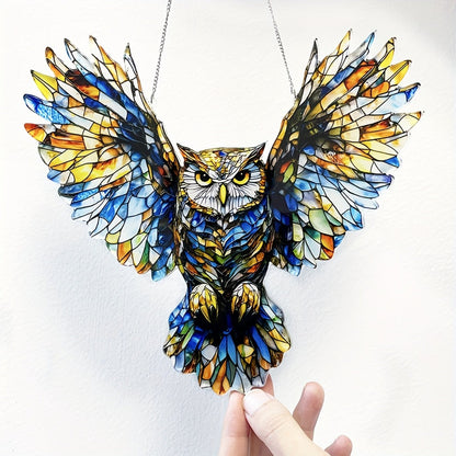 Owl Hanging Ornament Colorful Acrylic 6.7"x8", 2D Flat Animal Wall Art Decoration for Christmas Tree, Home, Office & Outdoor