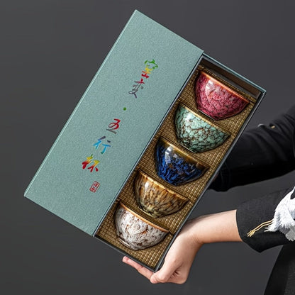 Kung Fu Tea Cups Set of 5 – Handmade Kiln-Fired Jianzhan Ceramic Teacups – Five-Element Design in 5 Colors with Gift Box