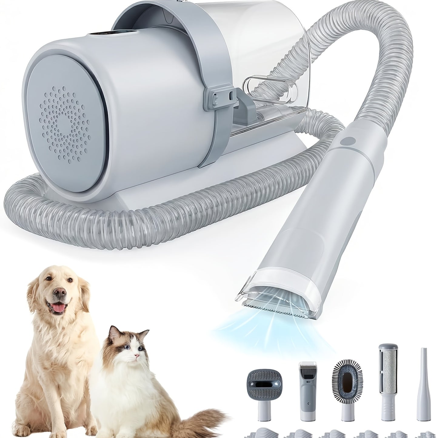 Pet Grooming Vacuum Kit 5-in-1 Professional Clippers 99% Hair Suction 6 Guide Combs Multifunctional Dog Cat Grooming Tools White Blue Grey