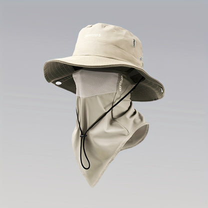 Wide Brim Sun Hat with Face Mask 2-Set UV Protection Foldable Fishing Hat, Breathable Drawstring Outdoor Cap for Beach, Fishing