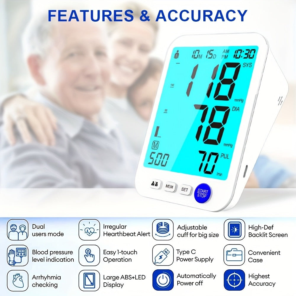 Blood Pressure Monitor for Upper Arm, Large Backlit Display with 22-42cm Cuff and Dual Power Options