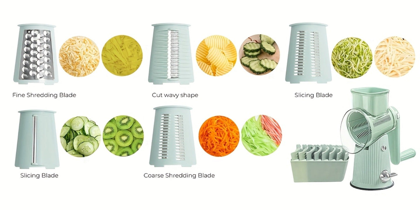 Rotary Cheese Grater with Interchangeable Blades, 5-in-1 Manual Vegetable Slicer Shredder Set, Suction Cup Base