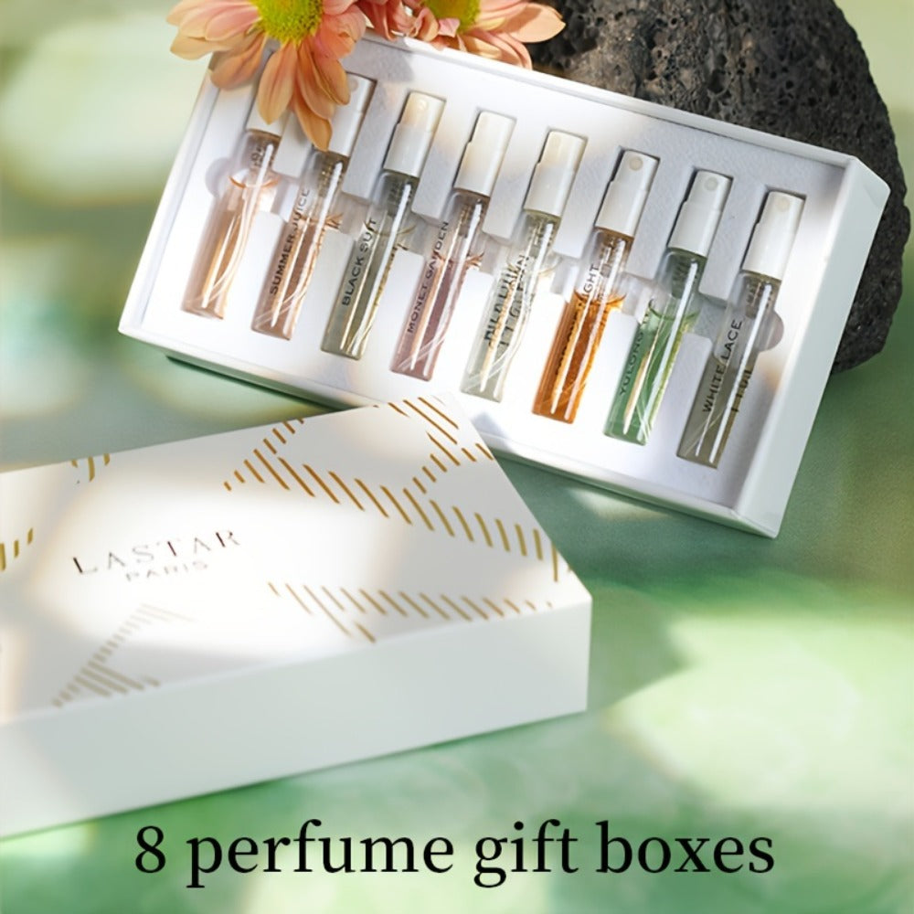 Mini Perfume Set for Women 8 Piece Gift Box Woody Floral Fruity Fragrance Sampler Kit Long Lasting TSA Compliant Travel Friendly 0.81oz Each