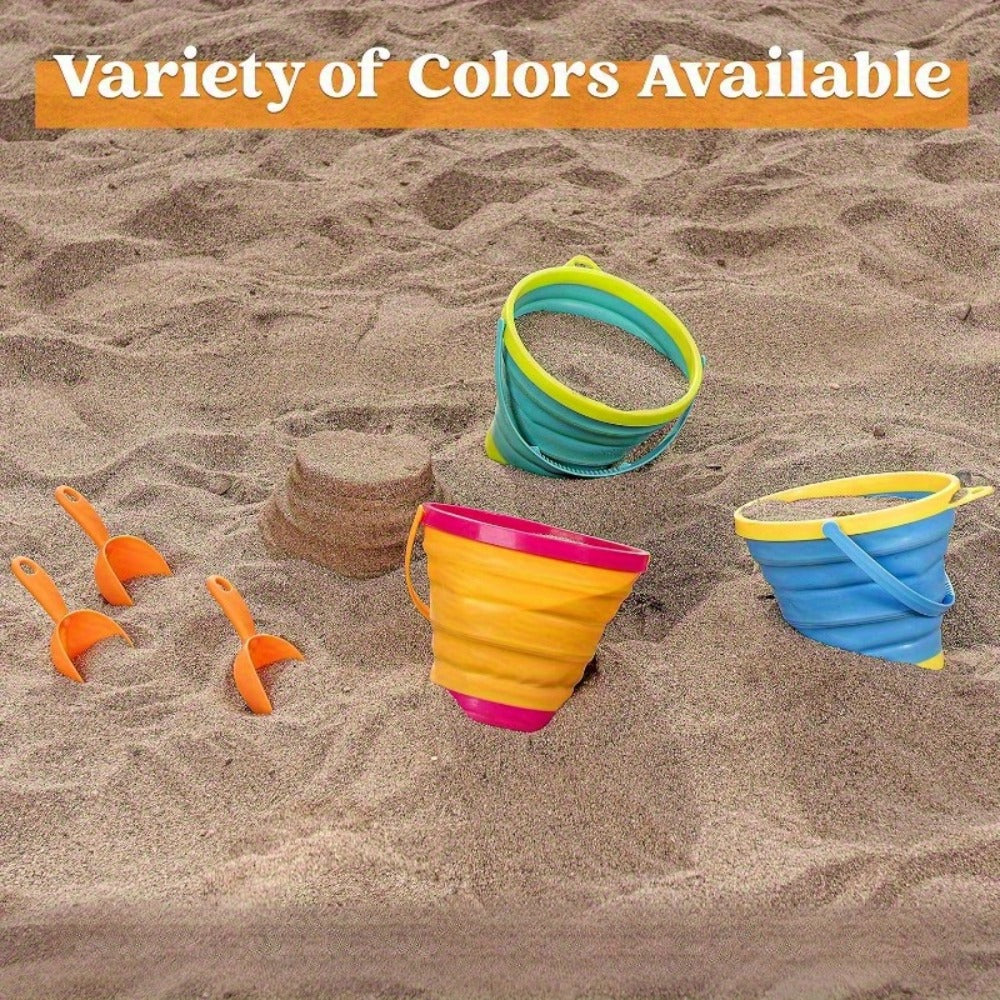 Collapsible Beach Bucket Set 3-Pack with Shovels & Mesh Backpack, Foldable Sand Pail Kit for Kids
