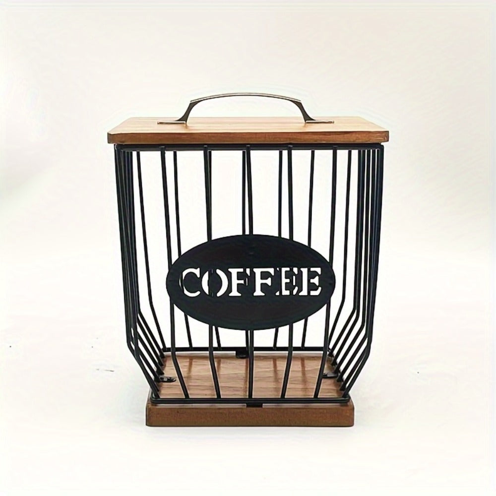 K-Cup Coffee Pod Holder Rack with Lid – Large Capacity Black Metal Square Coffee Capsule Storage Organizer with Wooden Base