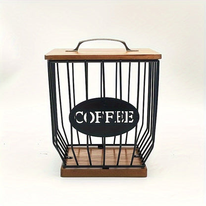 K-Cup Coffee Pod Holder Rack with Lid – Large Capacity Black Metal Square Coffee Capsule Storage Organizer with Wooden Base