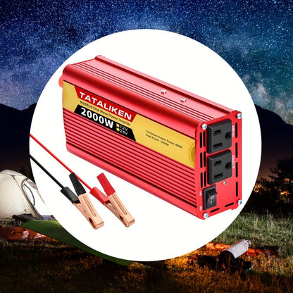 Red 2000W-Labeled Car Power Inverter with 12V Battery Clamp Leads, 110V AC Outlets and Cooling Fan