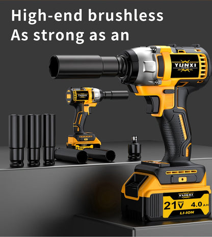 Cordless Impact Wrench 21V Brushless Electric Drill Set with 4000mAh Battery, Toolbox & Full Accessories
