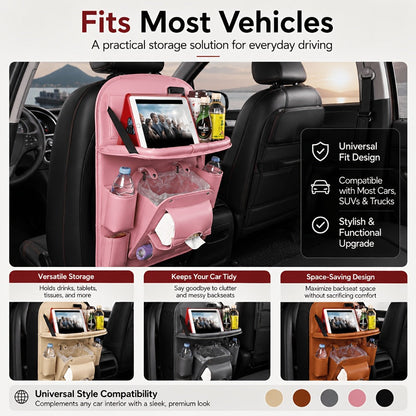 One-Piece Seatback Car Organizer with Fold-Down Tray, Cup Recesses, Mesh Pockets and Four Colors