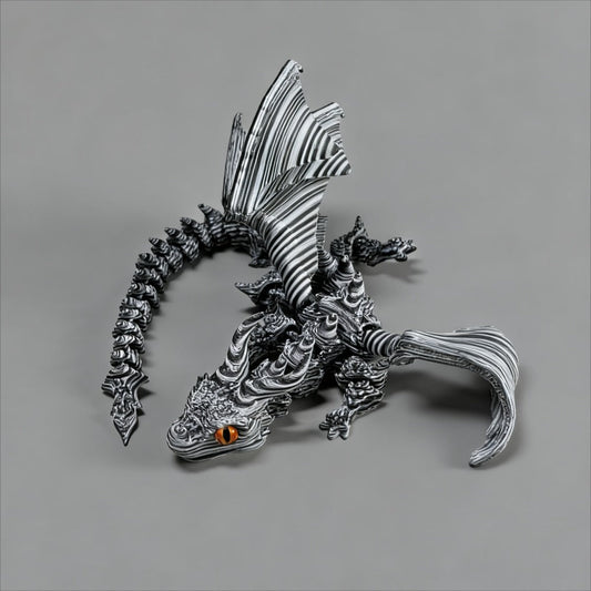 Articulated Black-and-White Swirl Dragon Figurine with Poseable Segments and Random Eye Color for Desktop Display