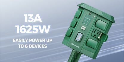 Outdoor Power Stake Timer 6 Outlet, 100FT Wireless Remote Control, Dusk to Dawn Photocell Sensor