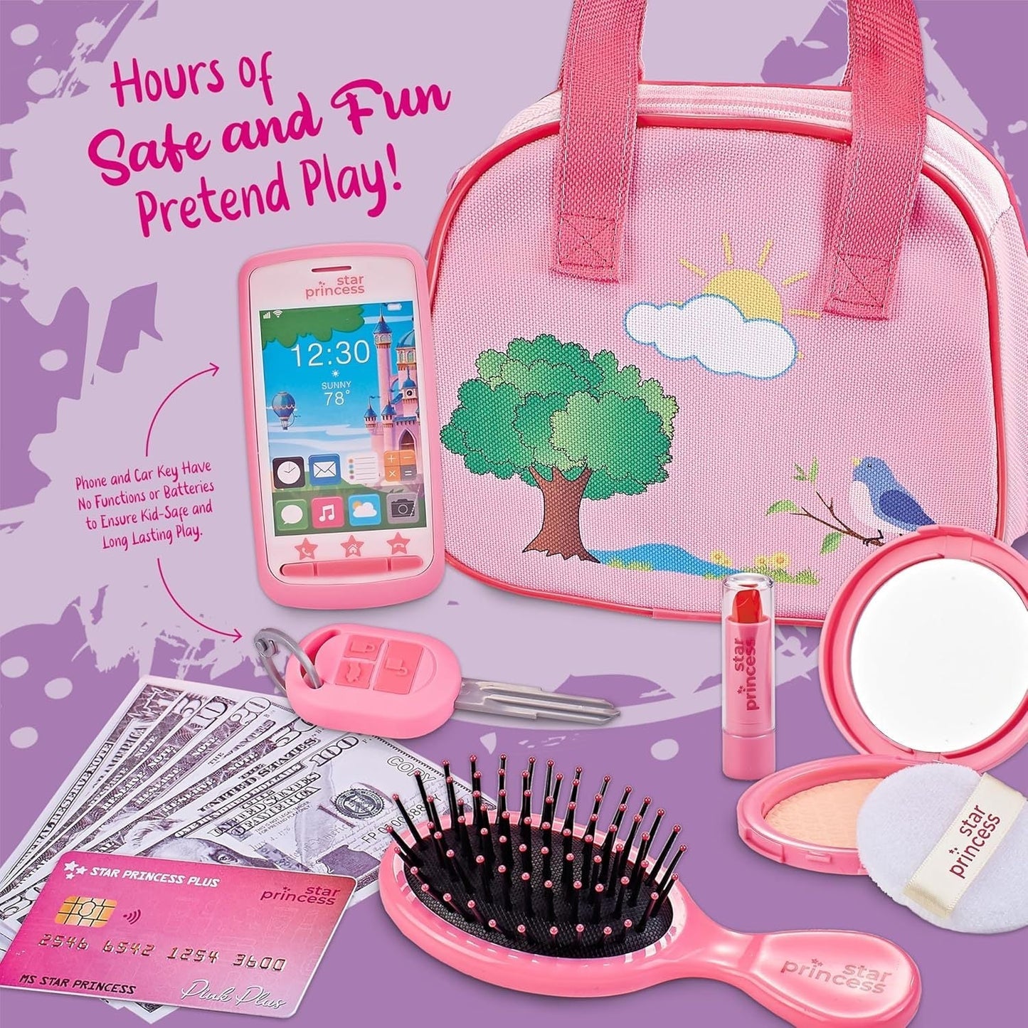 Girls Play Purse Set with Accessories 9pcs, Pretend Makeup, Toy Keys, Fake Phone & Credit Card, Toddler Dress Up Handbag Role Play Toy