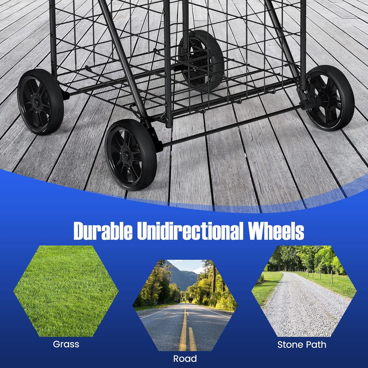 Rolling Shopping Cart Metal Basket, Foldable Grocery Utility Cart with Foam Handle Large Wheels 22 Gal for Supermarket Laundry Warehouse