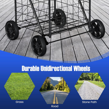 Rolling Shopping Cart Metal Basket, Foldable Grocery Utility Cart with Foam Handle Large Wheels 22 Gal for Supermarket Laundry Warehouse