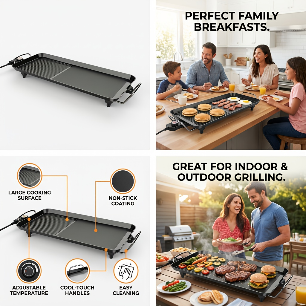 Indoor Electric Grill Smokeless, Non-Stick BBQ Griddle with Adjustable Temperature & Drip Tray