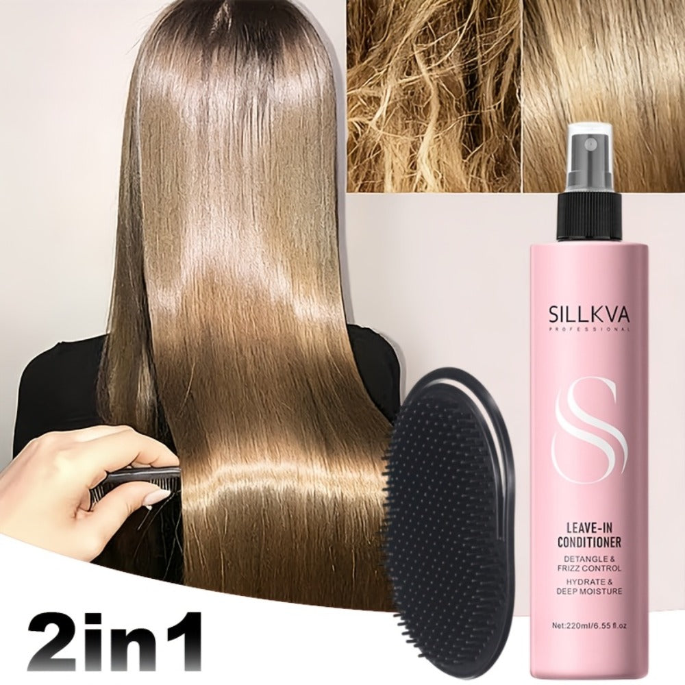 Leave-In Conditioner Spray & Detangling Hair Brush Set - Anti Frizz Smoothing Glycerin Formula for Home, Travel and Salon Hair Styling