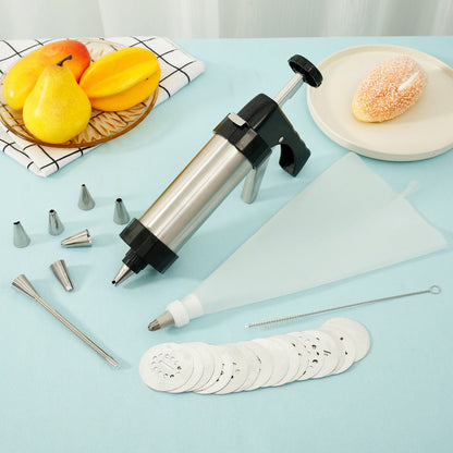 Cookie Press Kit Stainless Steel – 16 Cookie Discs & 8 Icing Tips, Biscuit Press Maker for Christmas Holiday Baking