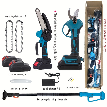 Pole Saw Set with Electric Chainsaw, 6-Inch Cordless Pruner, Long-Handle Scissor Kit, Safety Lock for Tree Pruning & Landscaping