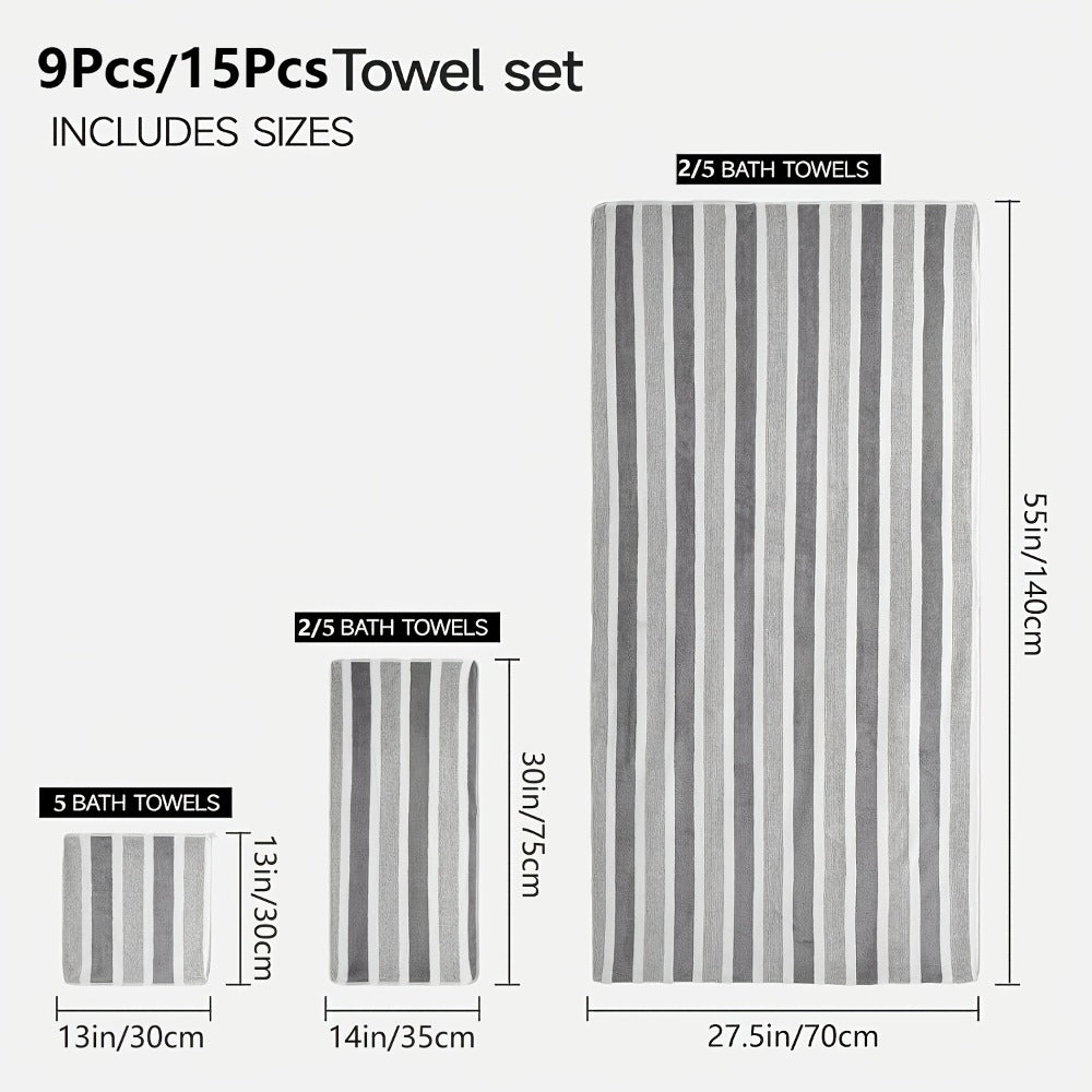 Towel Set 9 or 15 Piece 320GSM Coral Fleece Striped Mix in Five Solid or Mixed Colors for Home and Guest Use