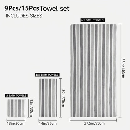 Towel Set 9 or 15 Piece 320GSM Coral Fleece Striped Mix in Five Solid or Mixed Colors for Home and Guest Use