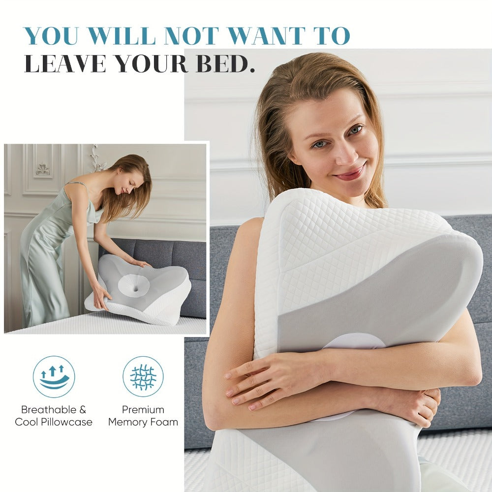 Memory Foam Cervical Pillow Contour Neck Support Orthopedic Bed Pillow for Side Back Stomach Sleepers with Cooling Pillowcase Queen King