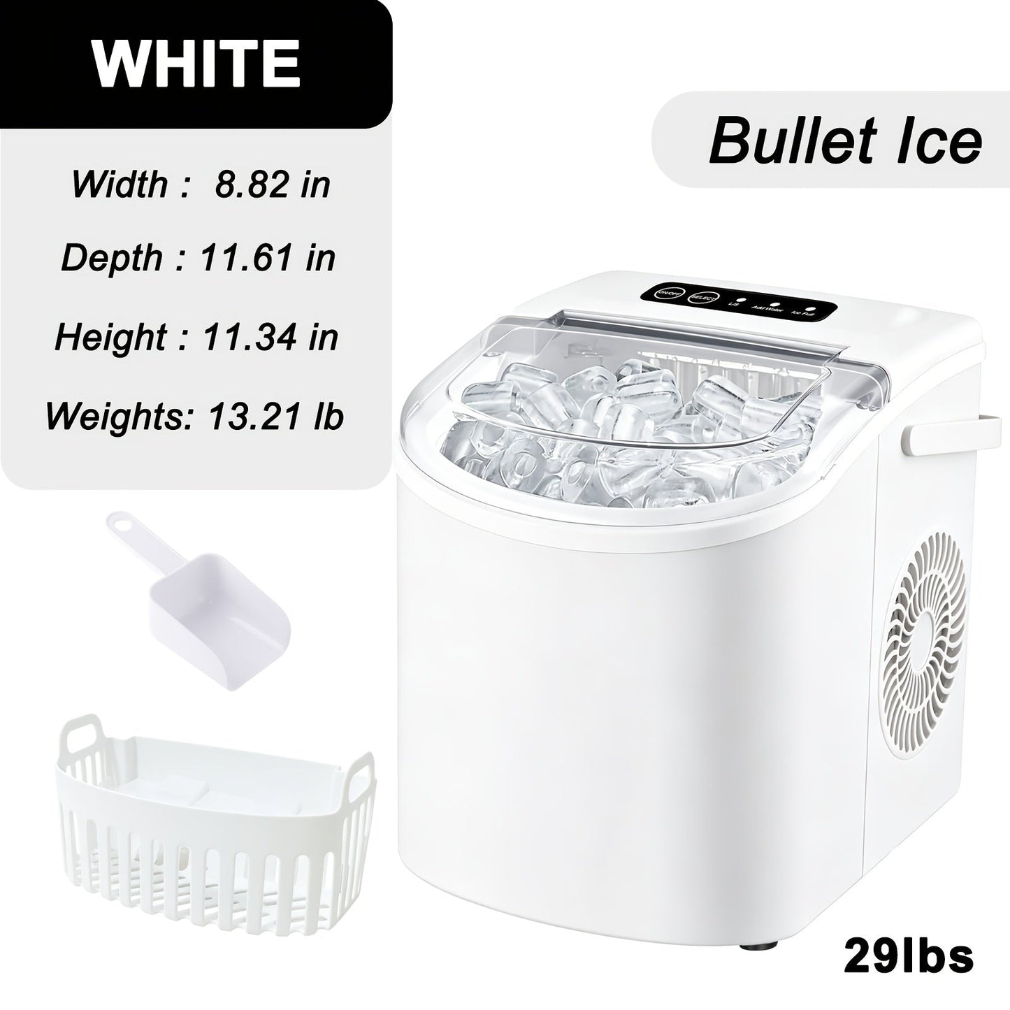 Ice Maker with Basket & Scoop, /Day Countertop Bullet Ice Machine, 9 Cubes in 6 Mins, Self-Cleaning
