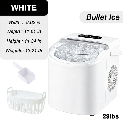 Ice Maker with Basket & Scoop, /Day Countertop Bullet Ice Machine, 9 Cubes in 6 Mins, Self-Cleaning