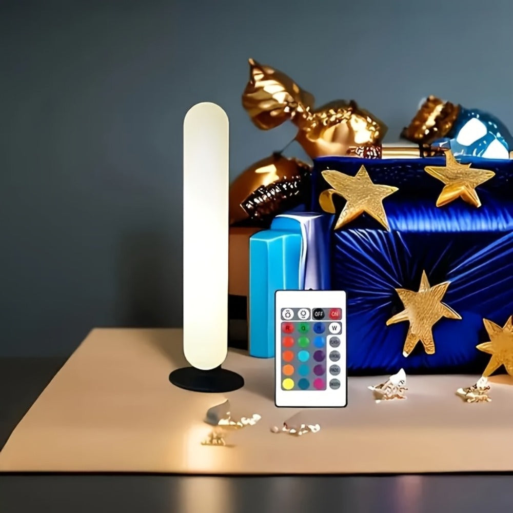 RGB LED Geometric Table Lamp with Remote Control – USB Powered Color-Changing Mood Light, Polished Metal End