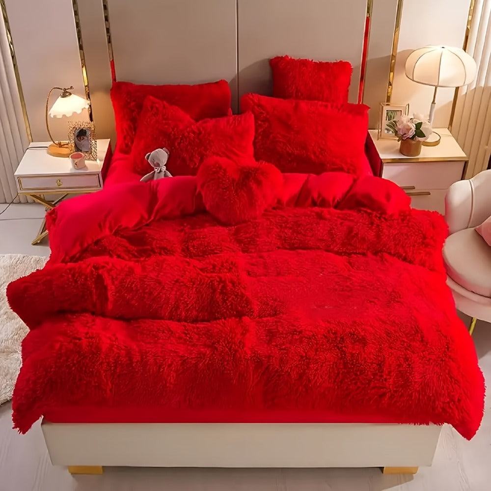 Plush Faux Fur Duvet Cover Set with Heart Pillow, Corner Ties and Twin, Queen or King Sizes in Eight Colors