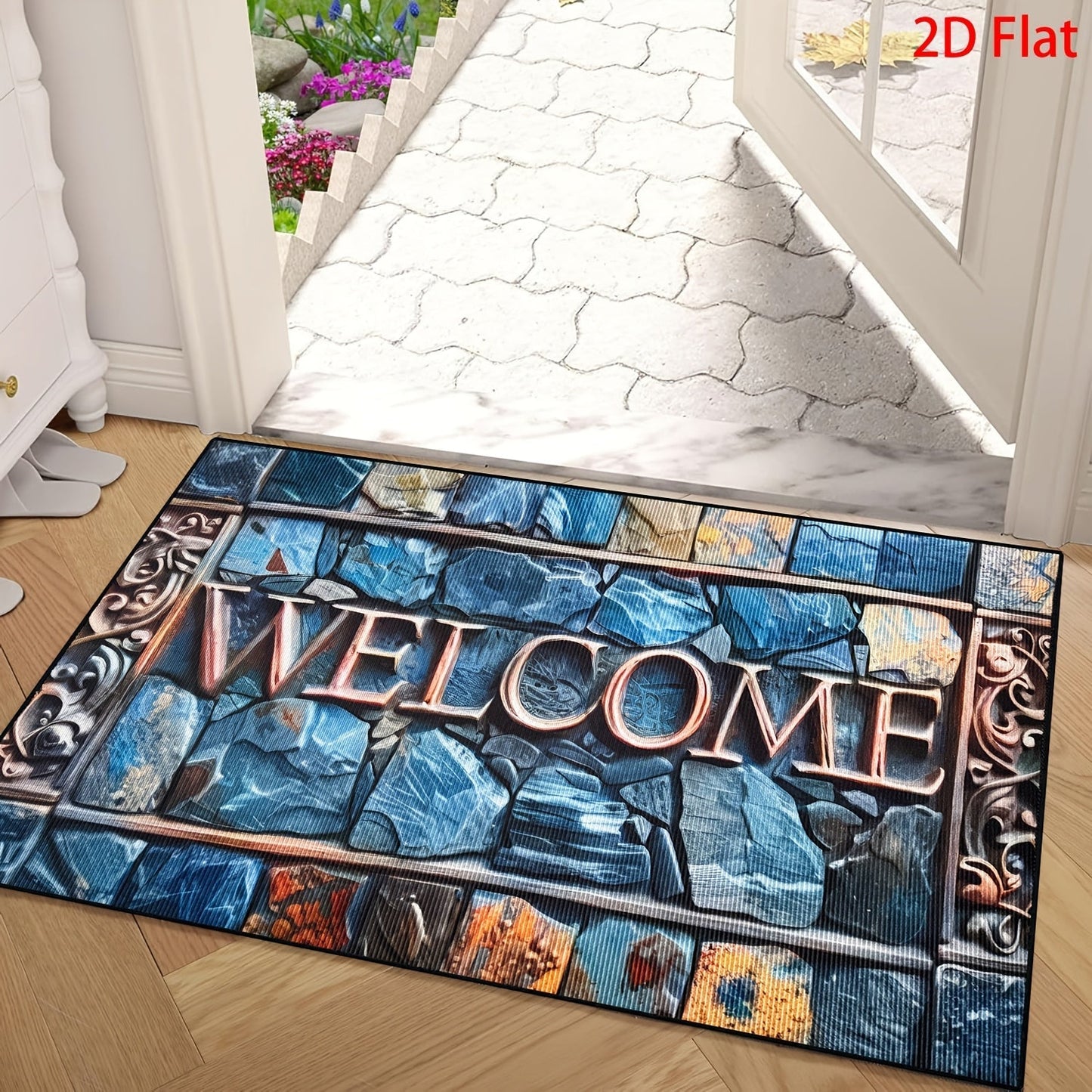 Blue Mosaic Stone Welcome Doormat in 40 x 60 or 50 x 80cm Rectangular Size Options Pictured