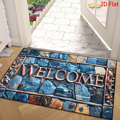 Blue Mosaic Stone Welcome Doormat in 40 x 60 or 50 x 80cm Rectangular Size Options Pictured