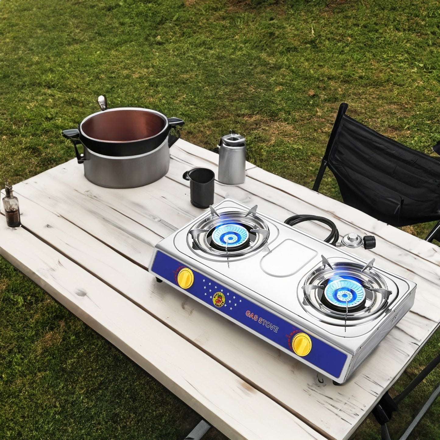 Propane Camping Stove Single & Double Burner, Stainless Steel Gas Cooker with Auto Ignition for Outdoor Cooking