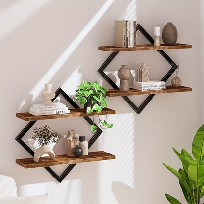 Floating Wall Shelves Double Layer Geometric Diamond Metal Wire Wood Display Stand Industrial Style for Living Room Kitchen 2 4 Pack
