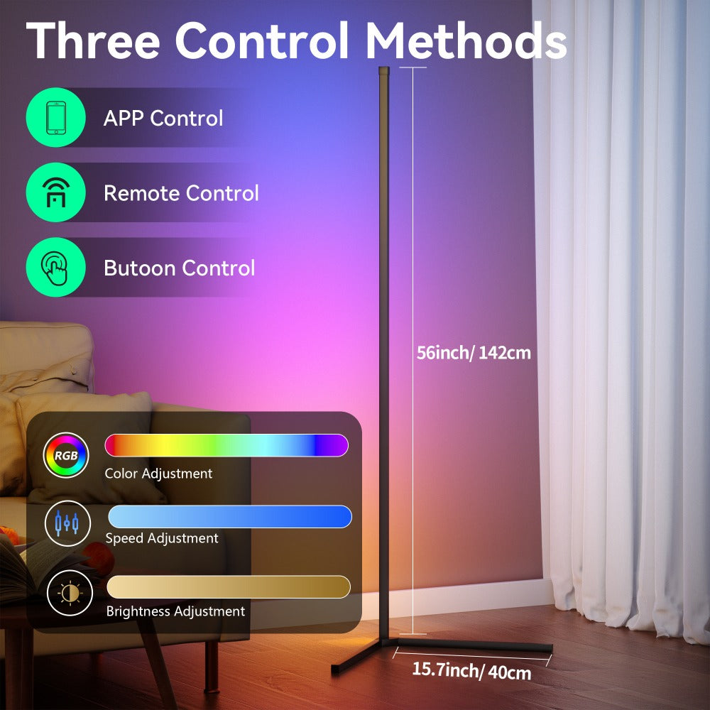 56-Inch RGB Corner Floor Lamp in One- or Two-Piece Options with Remote, App and Button Controls