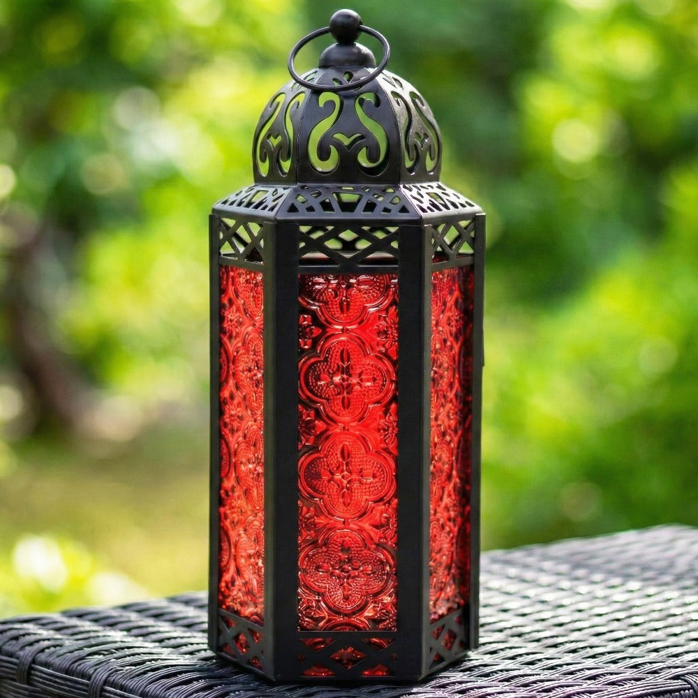Moroccan Candle Lantern Holder - Decorative Metal & Glass Lantern with Embossed Floral Design for Indoor Home Decor