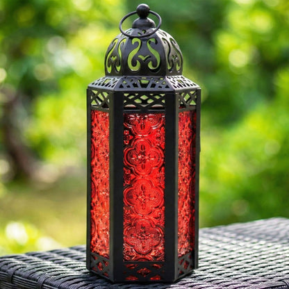 Moroccan Candle Lantern Holder - Decorative Metal & Glass Lantern with Embossed Floral Design for Indoor Home Decor