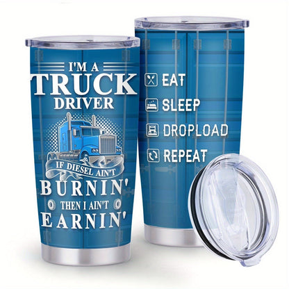 Truck Driver Graphic 20oz Stainless Steel Tumbler with Clear Lid and Blue Printed Finish for Daily Carry