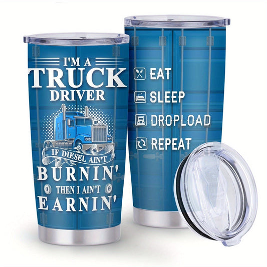 Truck Driver Graphic 20oz Stainless Steel Tumbler with Clear Lid and Blue Printed Finish for Daily Carry