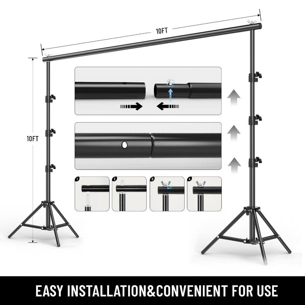 10x10ft Heavy Duty Backdrop Stand Kit – Photography Background Support System with 2 Stands, 4 Crossbars, 4 Clamps & Carry Bag for Photo