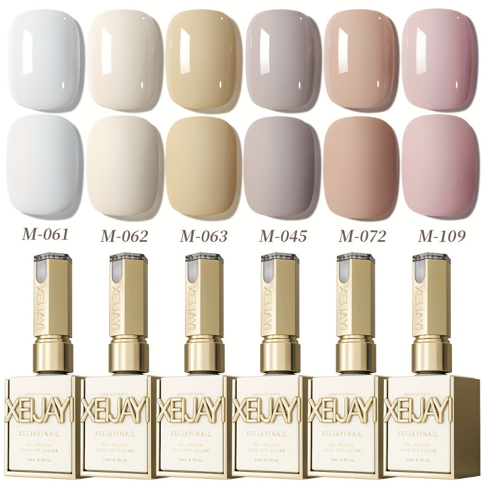 Gel Nail Polish 6-Color Gentle White Set with Milk-Tea, Cherry-Blossom Pink and Soft Shades for UV/LED Soak-Off Cure